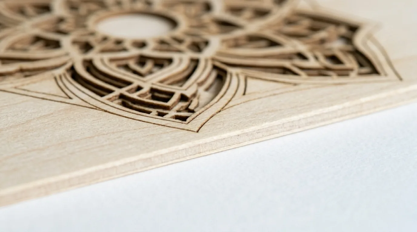 Close-up of 3mm basswood cut by xTool P2 55W CO2 laser — clean single-pass edge
