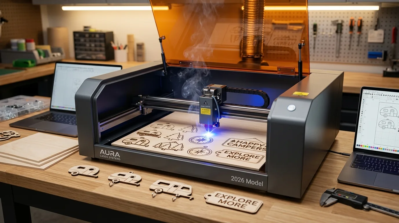 Assortment of laser-cut camping and RV decor projects made from 3mm basswood on workshop table