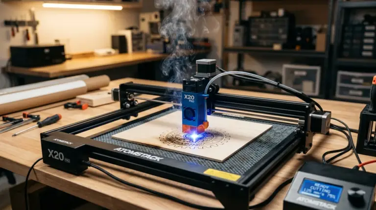 Atomstack X20 Pro laser engraver cutting 3mm basswood sheet with smoke extraction
