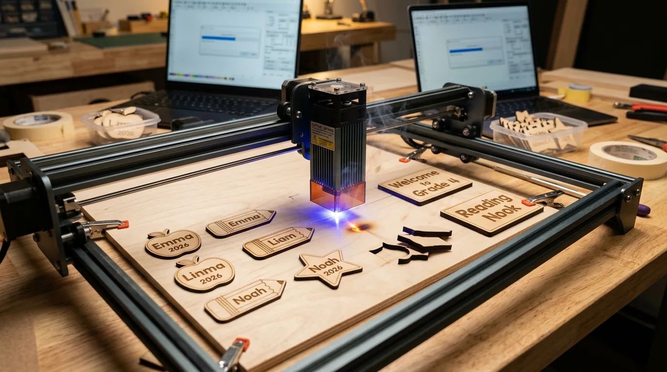 Laser cut name tags and classroom signs made from 3mm basswood on workshop table with completed personalized designs