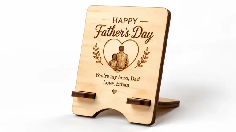 Laser-cut Father's Day gift made from 3mm basswood, displayed on workshop table