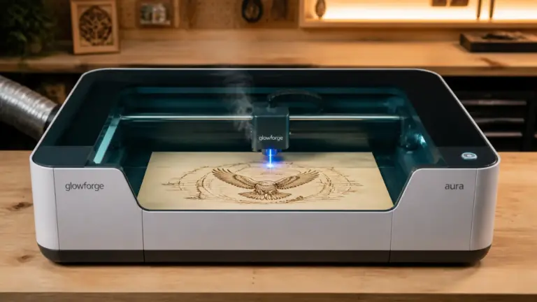 Glowforge Aura laser engraver cutting 3mm basswood sheet on workshop table