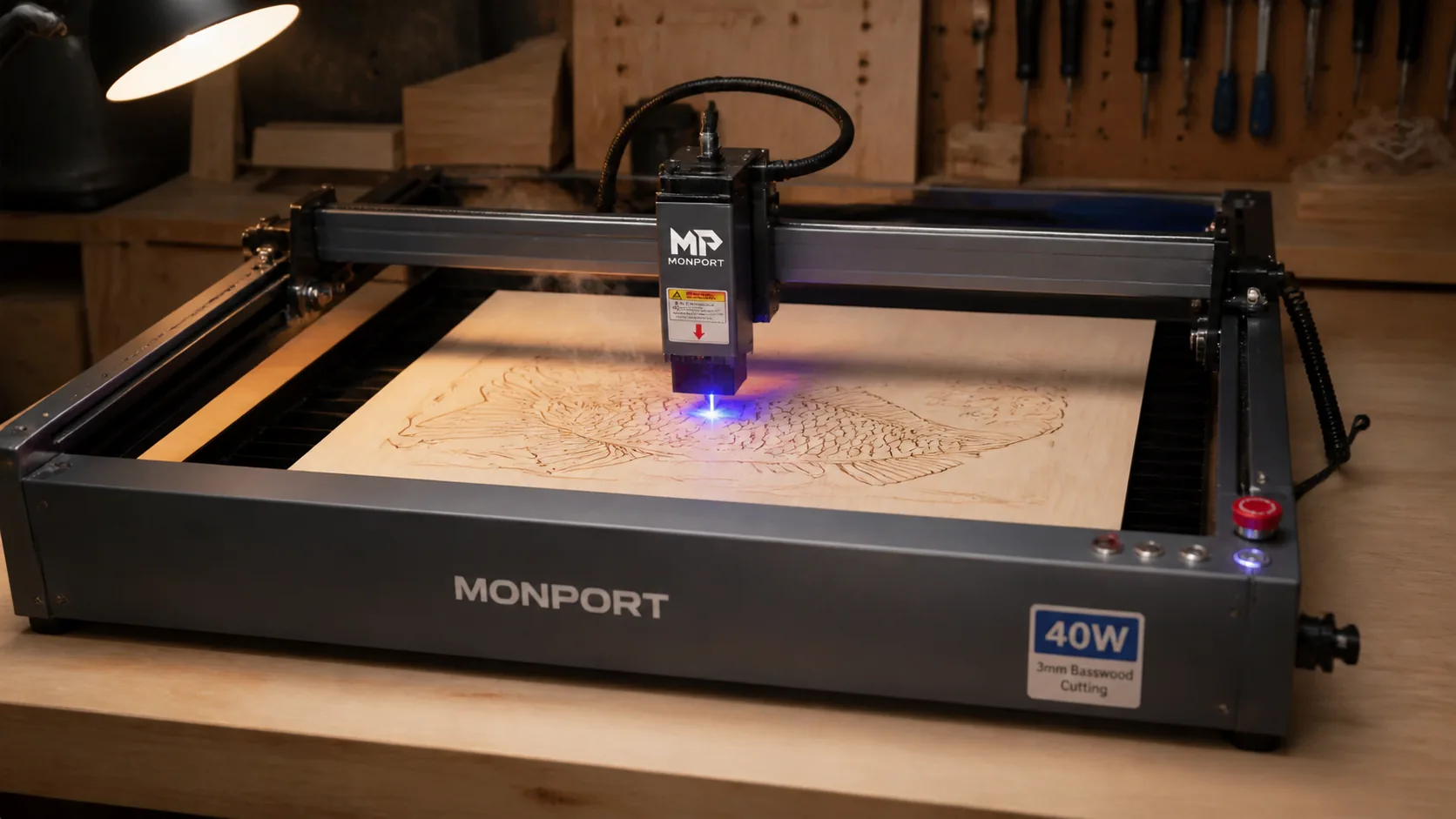 Monport 40W laser engraver cutting 3mm basswood sheet on workshop table