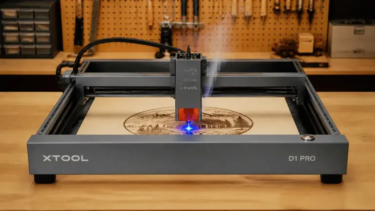 xTool D1 Pro laser engraver cutting 3mm basswood sheet on workshop table