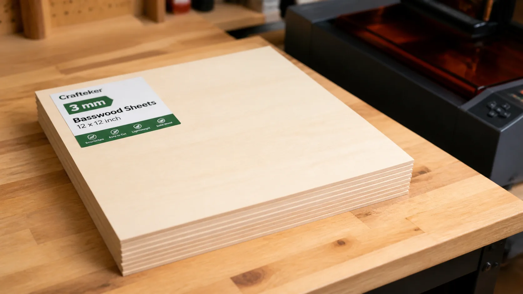 Stack of Crafteker 12x12 basswood sheets on Etsy seller's workshop table with laser engraver in background