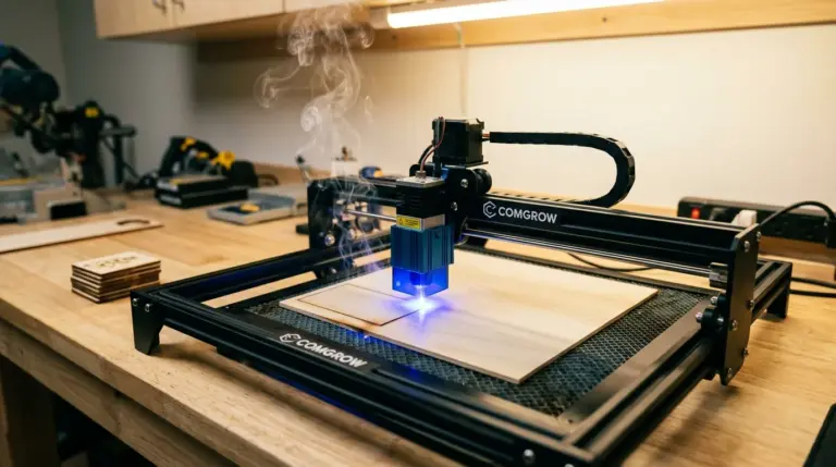 Comgrow laser engraver cutting 3mm basswood sheet with air assist plume