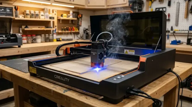 Creality Falcon2 Pro laser engraver cutting 3mm basswood sheet with air assist active