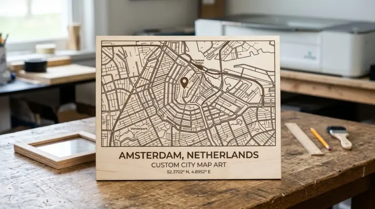 Laser engraved custom map art for Dad made from 3mm basswood, personalized city map on workshop table