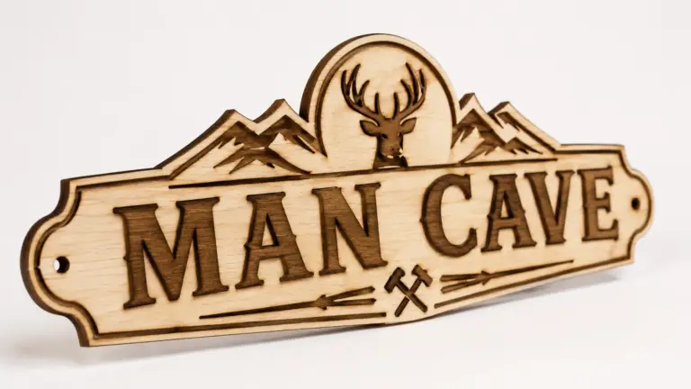 Laser-cut man cave sign made from 3mm basswood, displayed on workshop table with warm lighting
