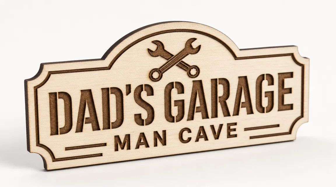 Laser-cut Dad's Garage sign made from 3mm basswood on a workshop table, dark engraved text on pale cream surface