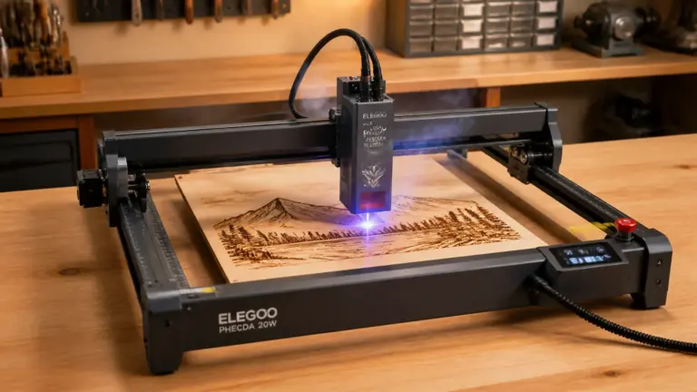Elegoo Phecda 20W diode laser engraver cutting 3mm basswood sheet on workshop table