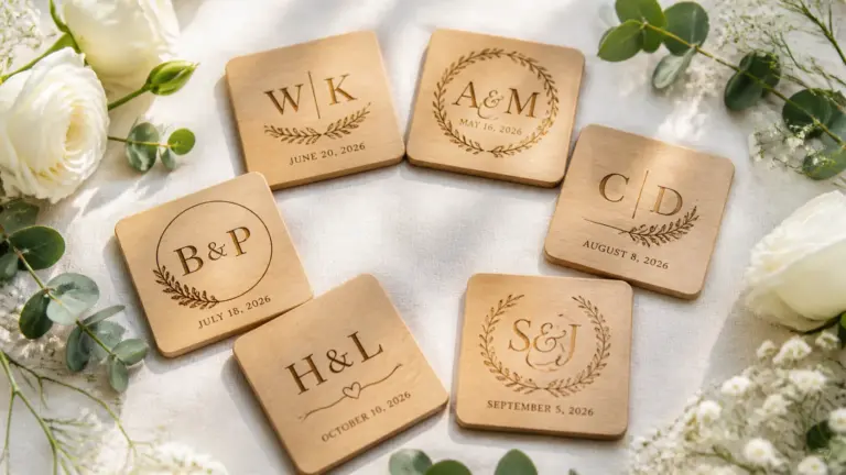 Laser-engraved basswood coasters with monogram and wedding date, arranged on white surface with floral styling