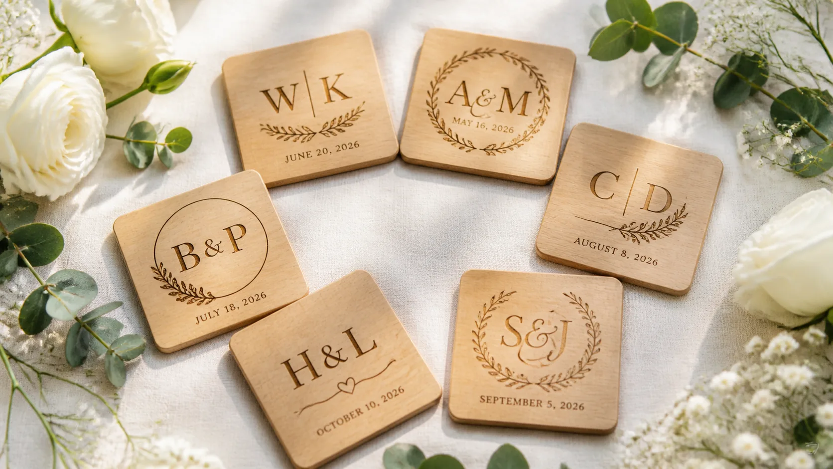 Laser-engraved basswood coasters with monogram and wedding date, arranged on white surface with floral styling