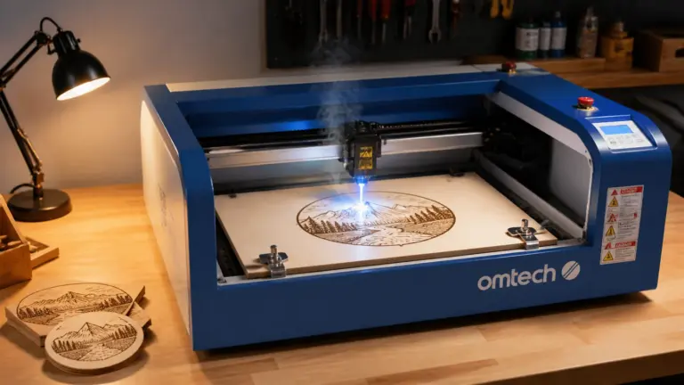 Laser engraver cutting 3mm basswood sheet for personalized Father's Day flask on workshop table