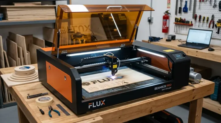 Flux Beambox Pro 50W laser engraver cutting 3mm basswood sheet on workshop workbench