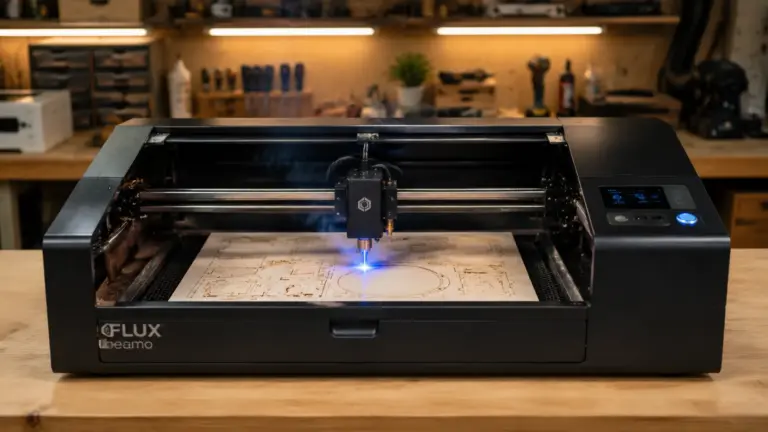 Flux Beamo 30W laser engraver cutting 3mm basswood sheet on workshop table