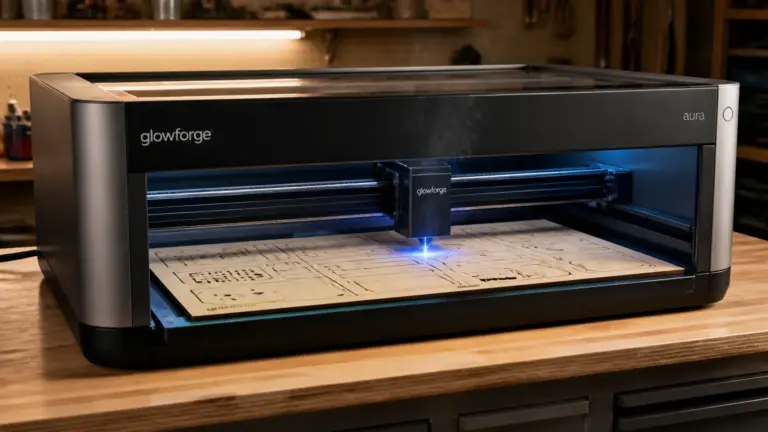 Glowforge Aura laser engraver cutting 3mm basswood sheet on workshop table