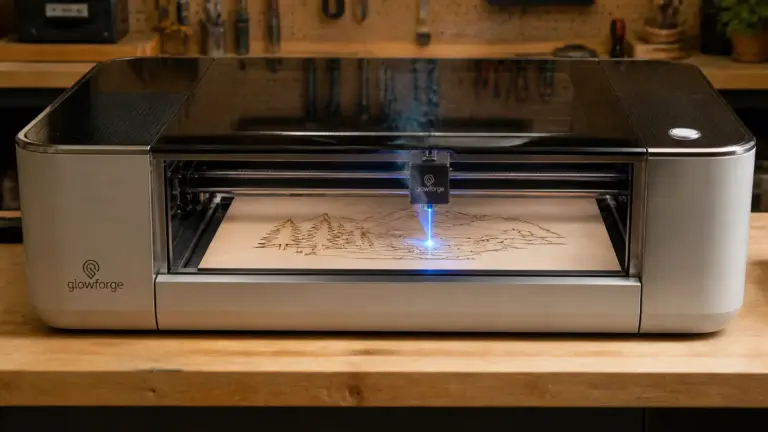 Glowforge Basic laser engraver cutting 3mm basswood sheet on workshop table
