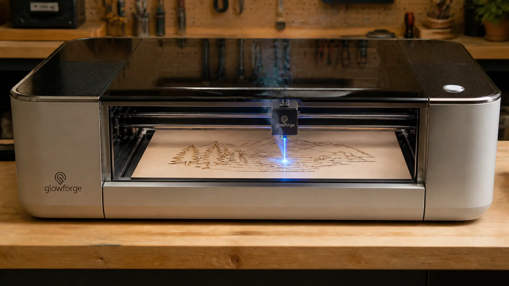 Glowforge Basic laser engraver cutting 3mm basswood sheet on workshop table