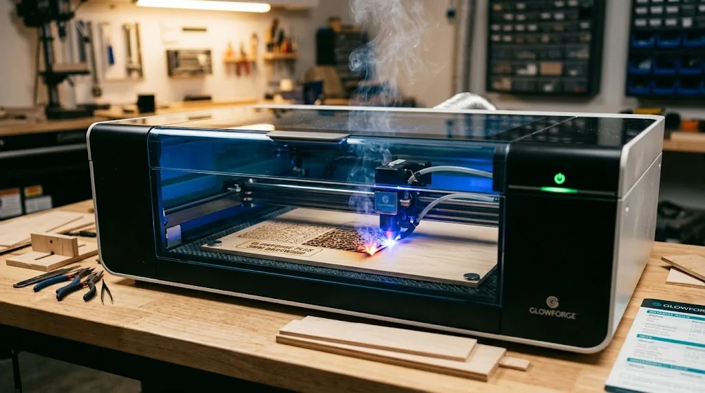 Glowforge Plus laser engraver cutting 3mm basswood sheet, showing bright red laser beam and clean kerf line