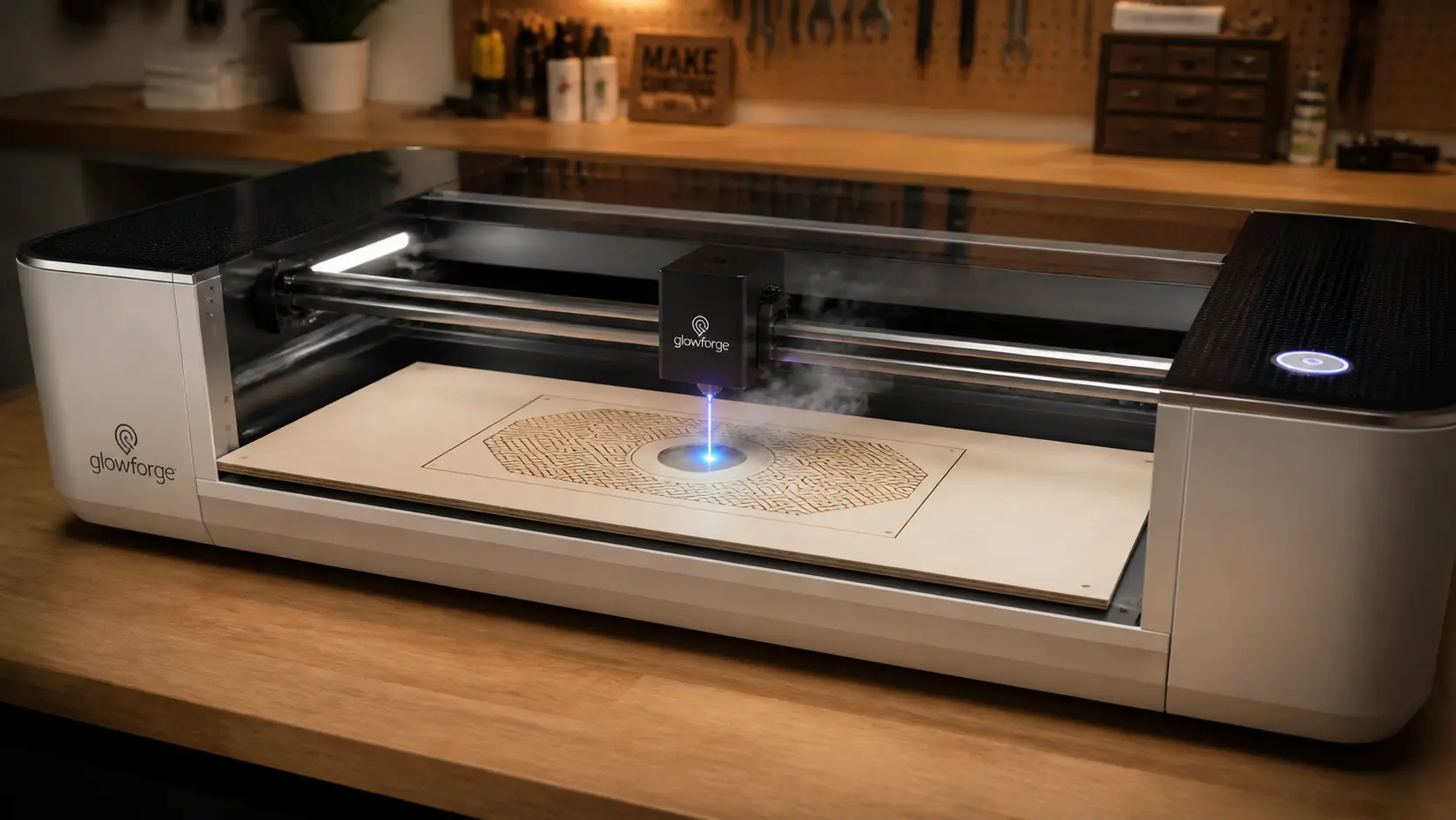Glowforge Pro laser engraver cutting 3mm basswood sheet on workshop table