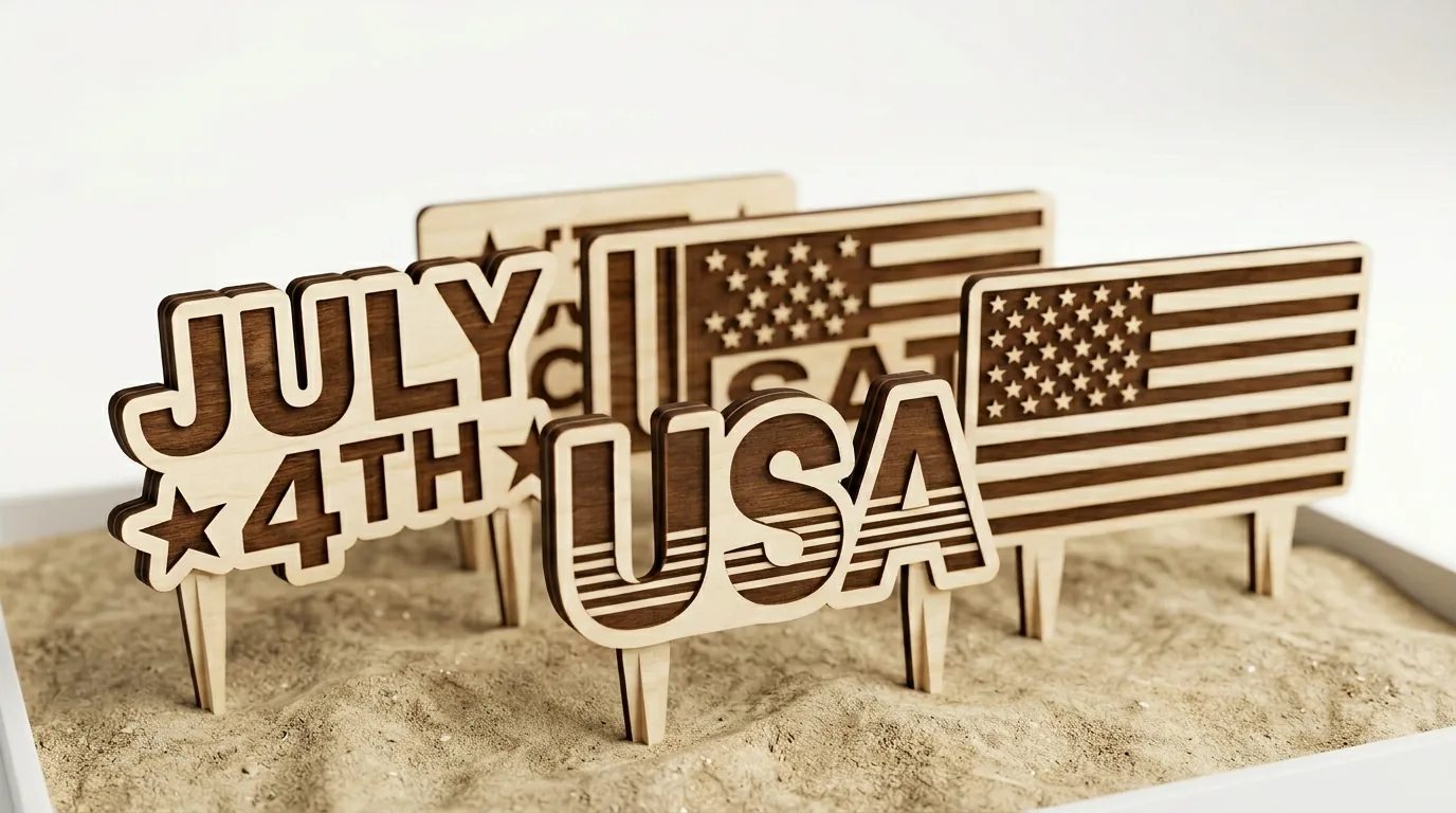 Finished laser-cut 4th of July yard signs made from 3mm basswood displayed in outdoor garden setting with patriotic paint and stain finishes