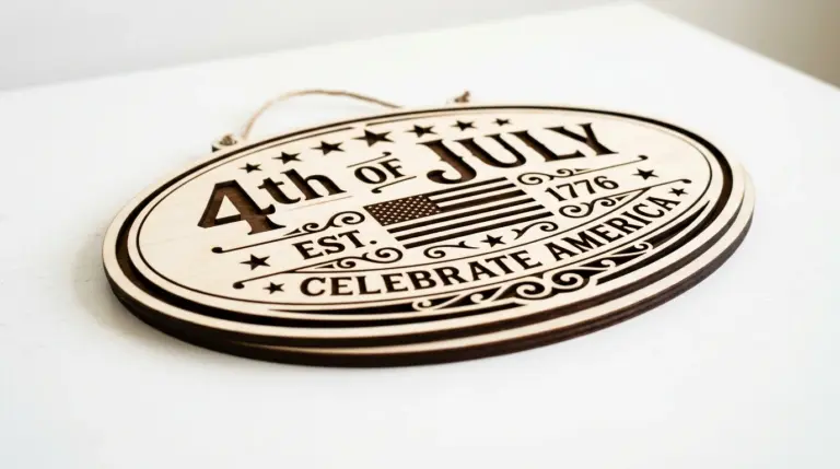Laser-cut 4th of July wood signs with stars and stripes design on workshop table, made from 3mm basswood