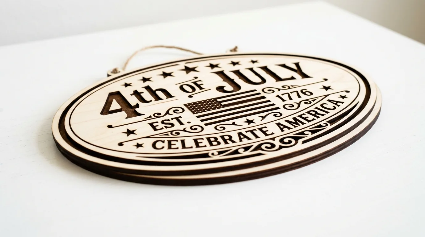 Laser-cut 4th of July wood signs with stars and stripes design on workshop table, made from 3mm basswood
