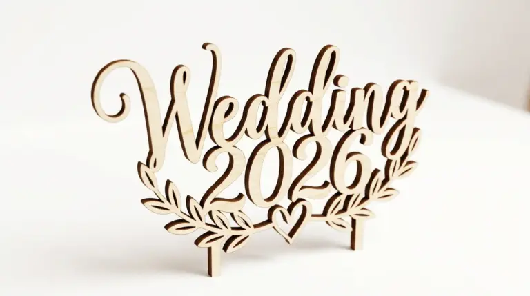 Finished laser-cut cake toppers made from 3mm basswood displayed on wooden workshop table