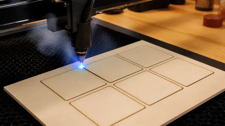 Laser engraver cutting Crafteker 3mm basswood coaster blanks on workshop workbench