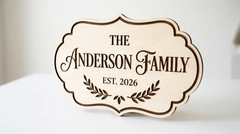 Laser cut family name sign made from 3mm basswood on workshop table with clean edges