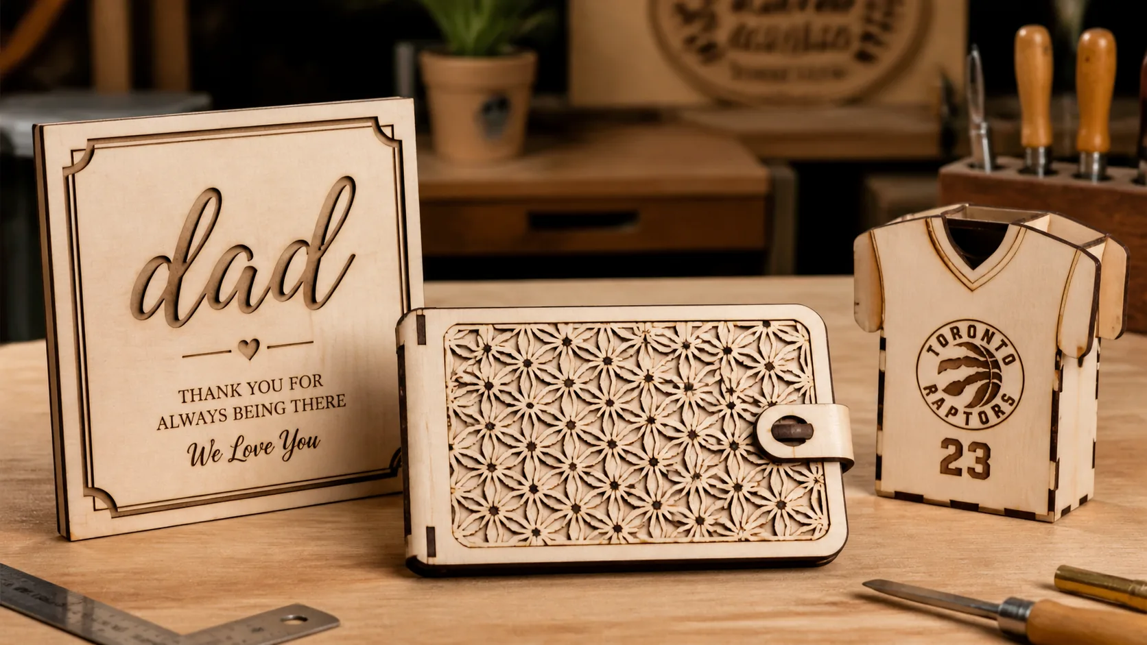 Laser-cut Father's Day gift projects made from 3mm basswood, including personalized plaque, engraved wallet, and sports jersey box displayed on workshop table