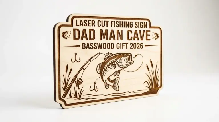 Finished laser-cut fishing sign made from 3mm basswood on workshop table, showing clean edges and personalized name engraved