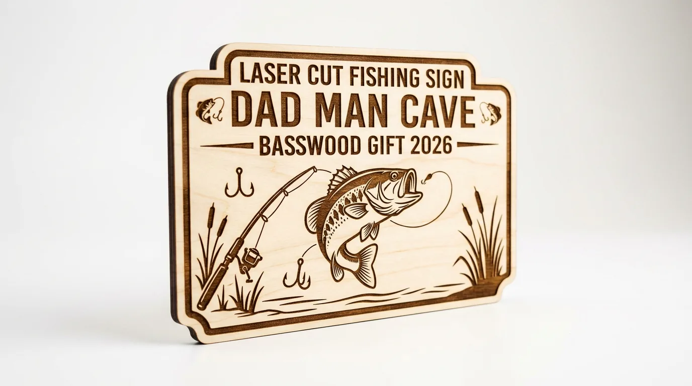 Finished laser-cut fishing sign made from 3mm basswood on workshop table, showing clean edges and personalized name engraved