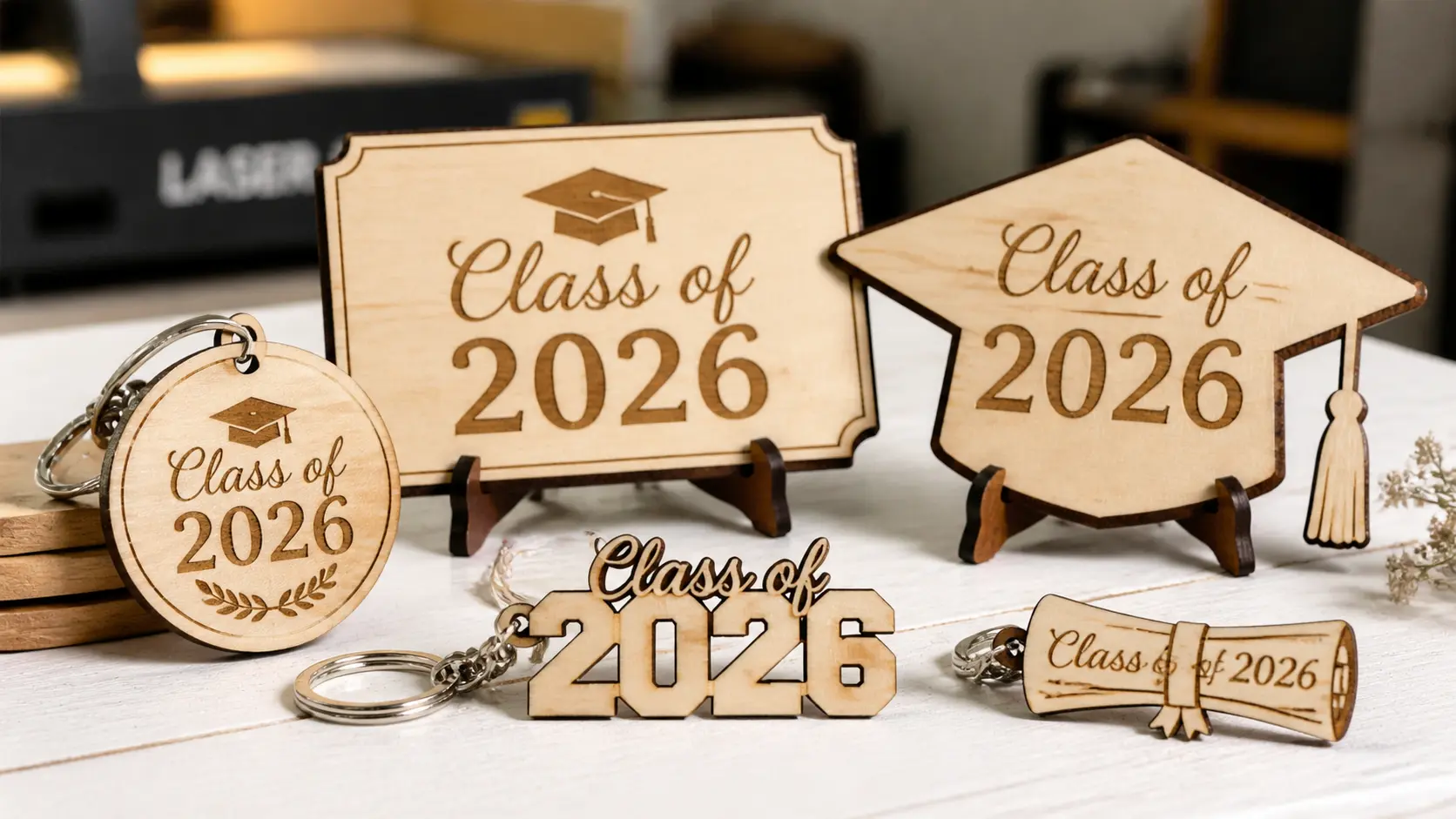 Finished laser-cut graduation gift products made from 3mm basswood, displayed on workshop table