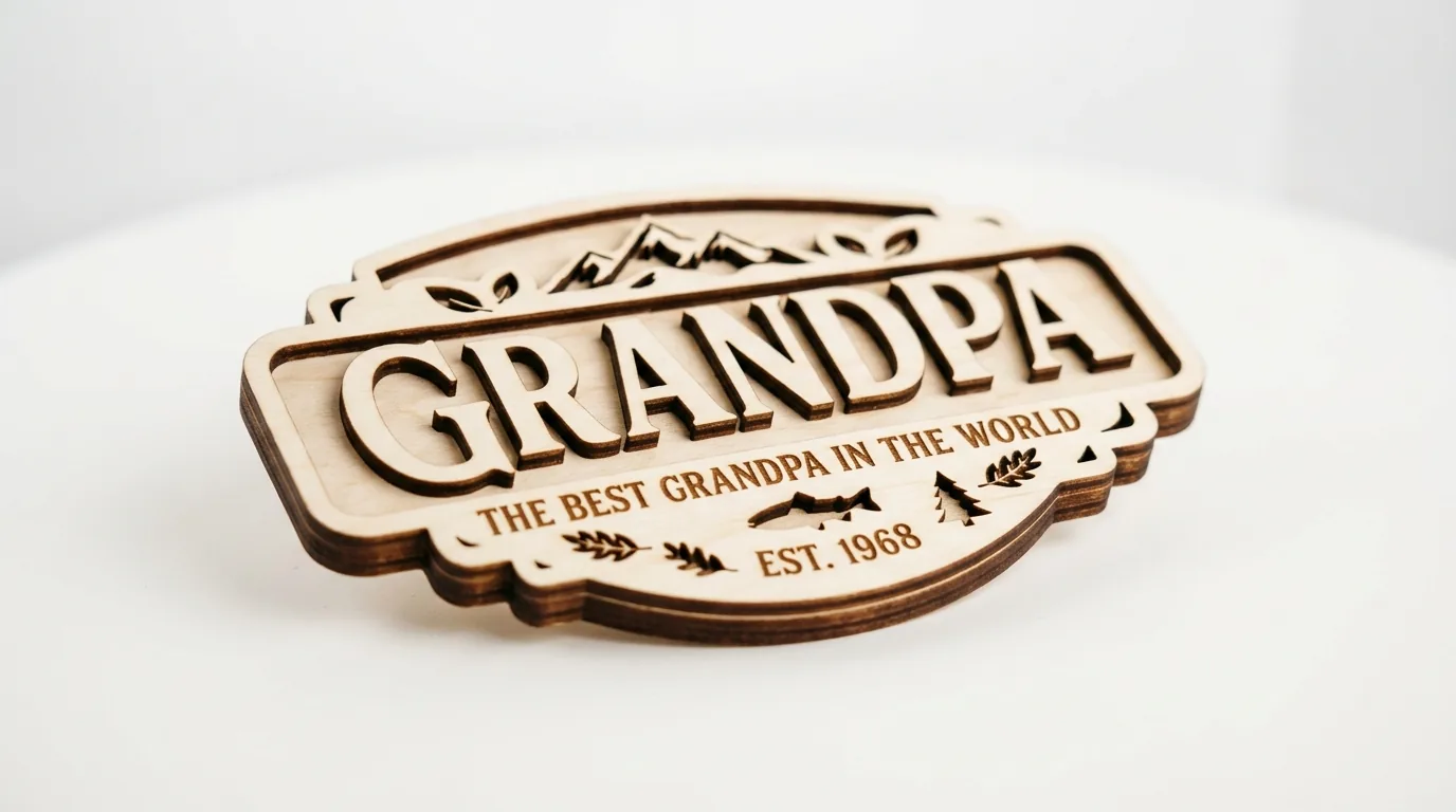 Collection of personalized laser-cut basswood grandpa gifts on workshop table, including engraved signs, photo holders, and coasters
