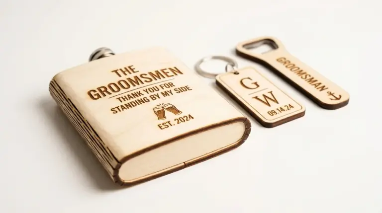 Laser cut groomsmen gift boxes made from 3mm basswood with personalized engravings on workshop table
