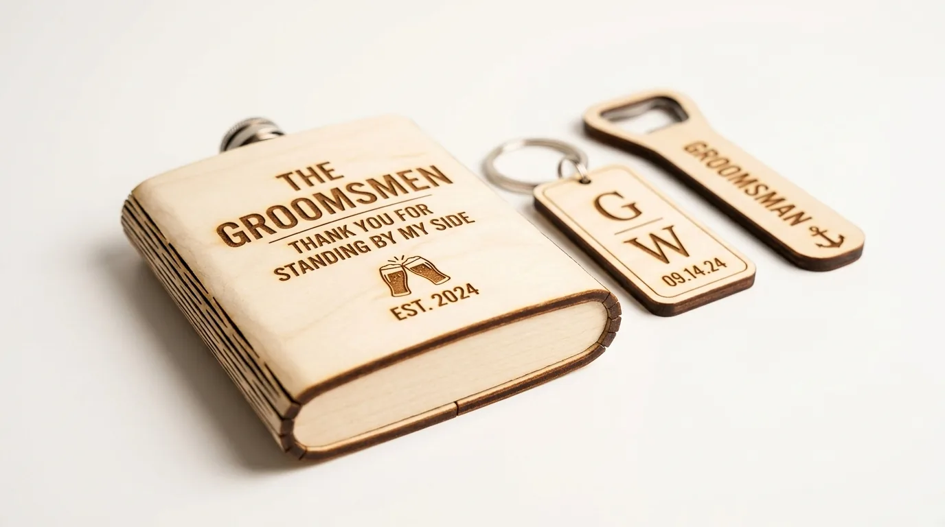 Laser cut groomsmen gift boxes made from 3mm basswood with personalized engravings on workshop table