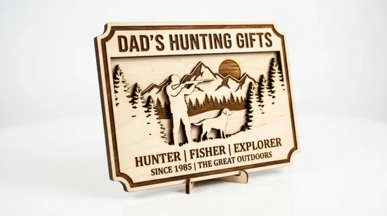 Laser-cut hunting signs made from 3mm basswood showing deer, duck, and bass silhouettes on workshop table