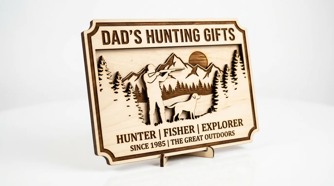 Laser-cut hunting signs made from 3mm basswood showing deer, duck, and bass silhouettes on workshop table