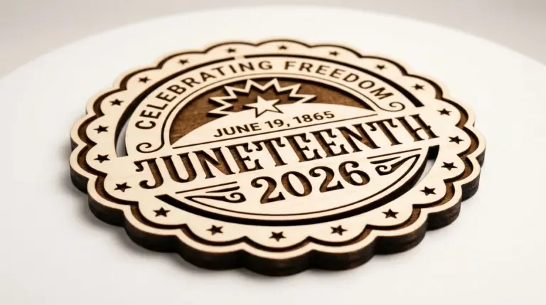 Laser-cut Juneteenth wood decorations made from 3mm basswood displayed on a workshop table