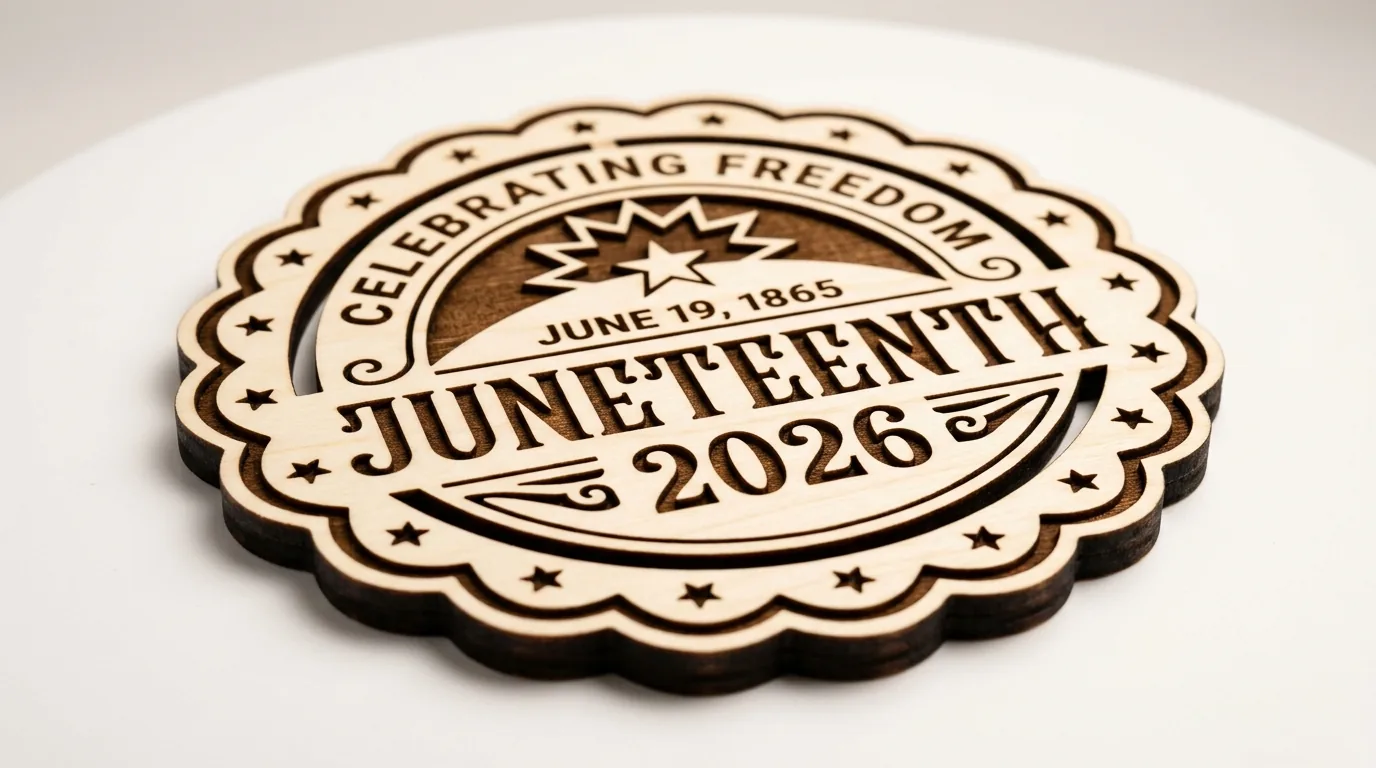 Laser-cut Juneteenth wood decorations made from 3mm basswood displayed on a workshop table