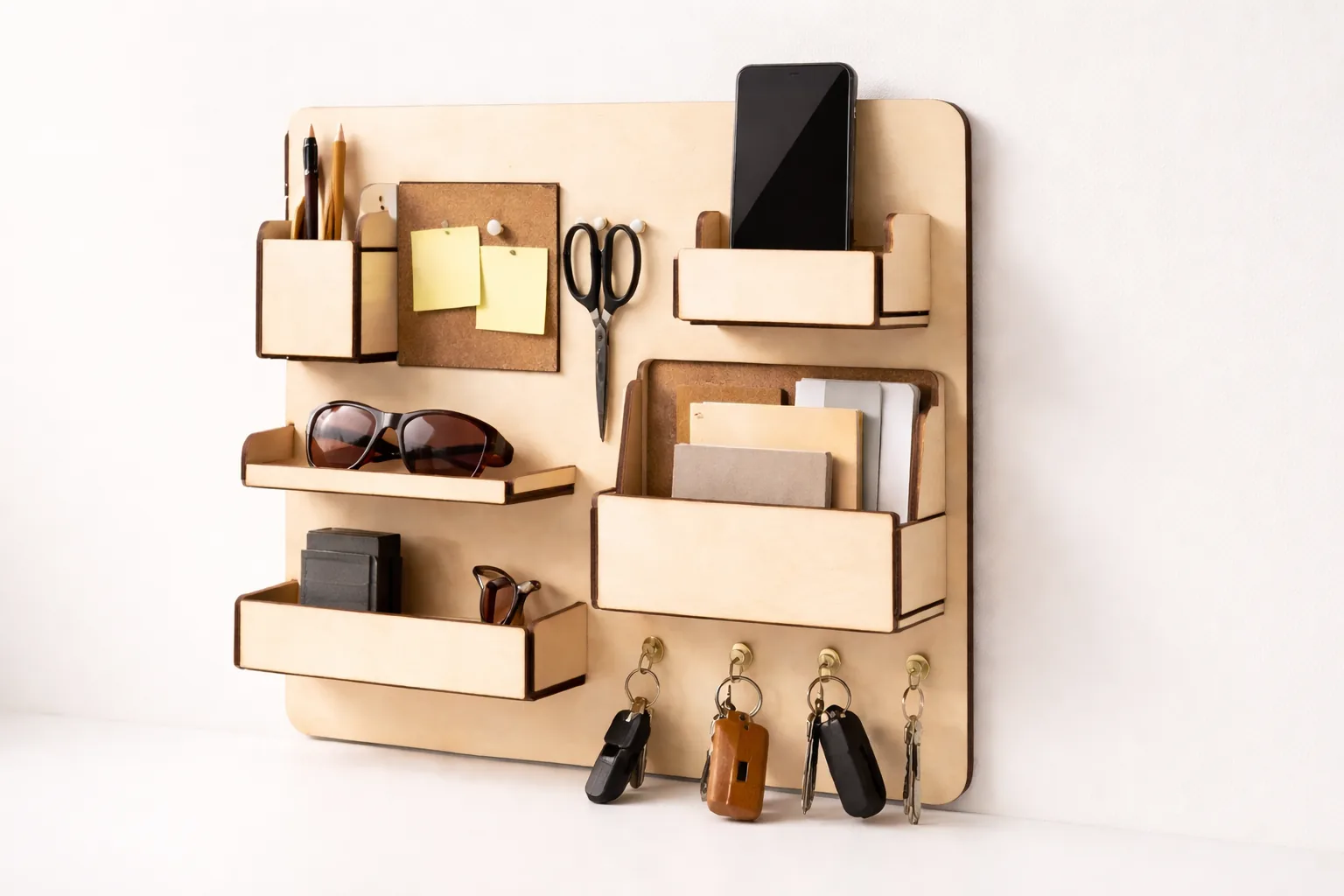 Finished laser-cut modular wall organizer made from 3mm basswood, displayed on workshop table