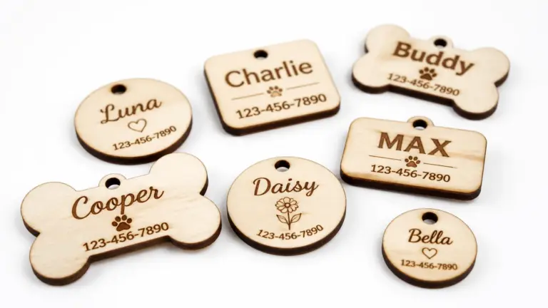 Laser cut pet tags made from 3mm basswood, displayed on workshop table