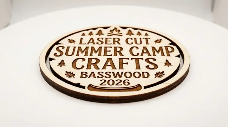 Summer camp laser-cut craft projects made from 3mm basswood sheets displayed on workshop table
