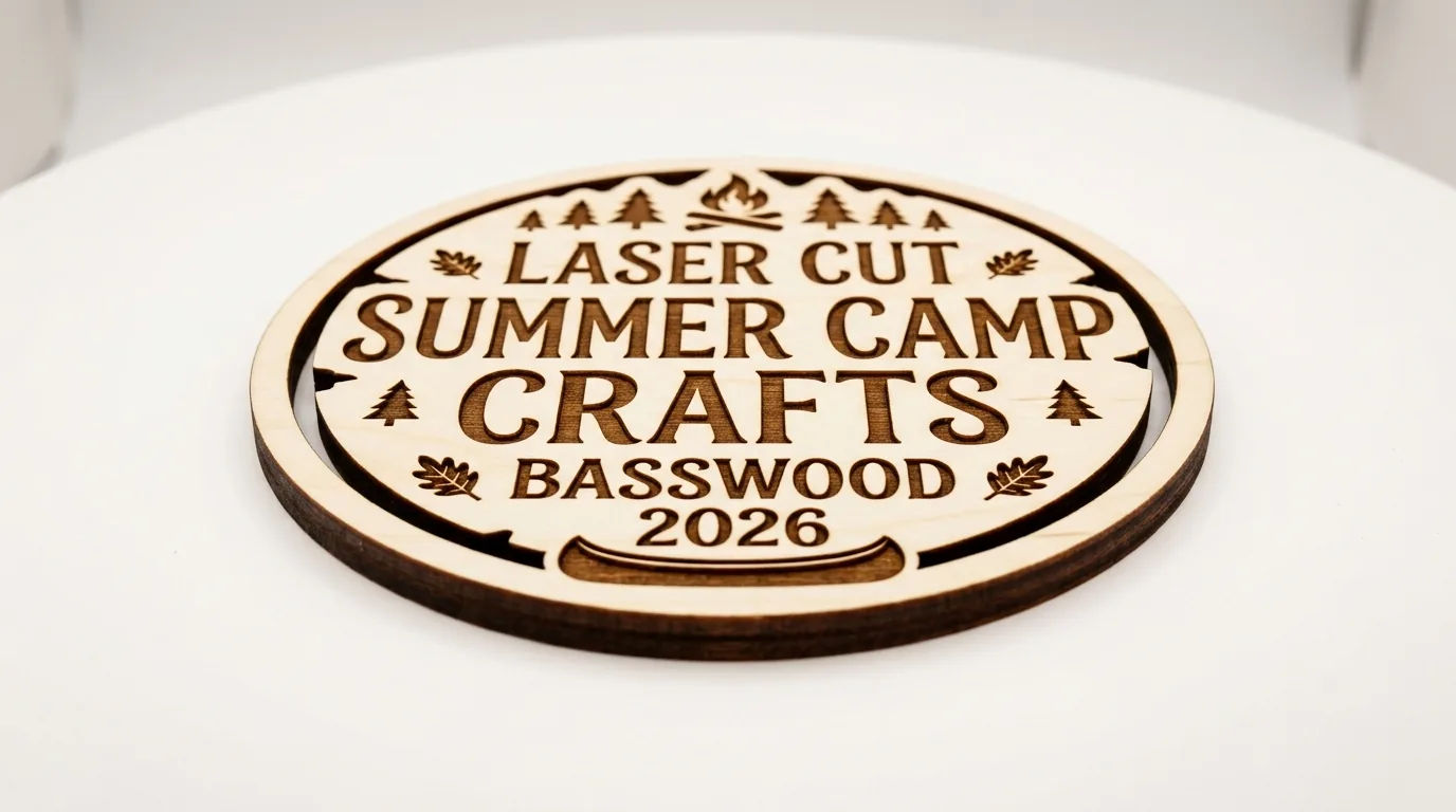Summer camp laser-cut craft projects made from 3mm basswood sheets displayed on workshop table