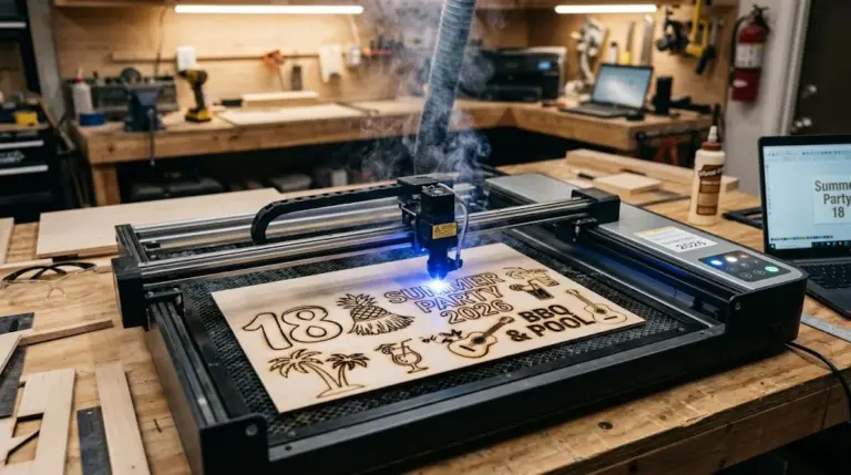 Collection of 18 laser-cut summer party decorations in progress on workshop table—tiki signs, pineapple centerpieces, luau arrows made from Crafteker 3mm basswood