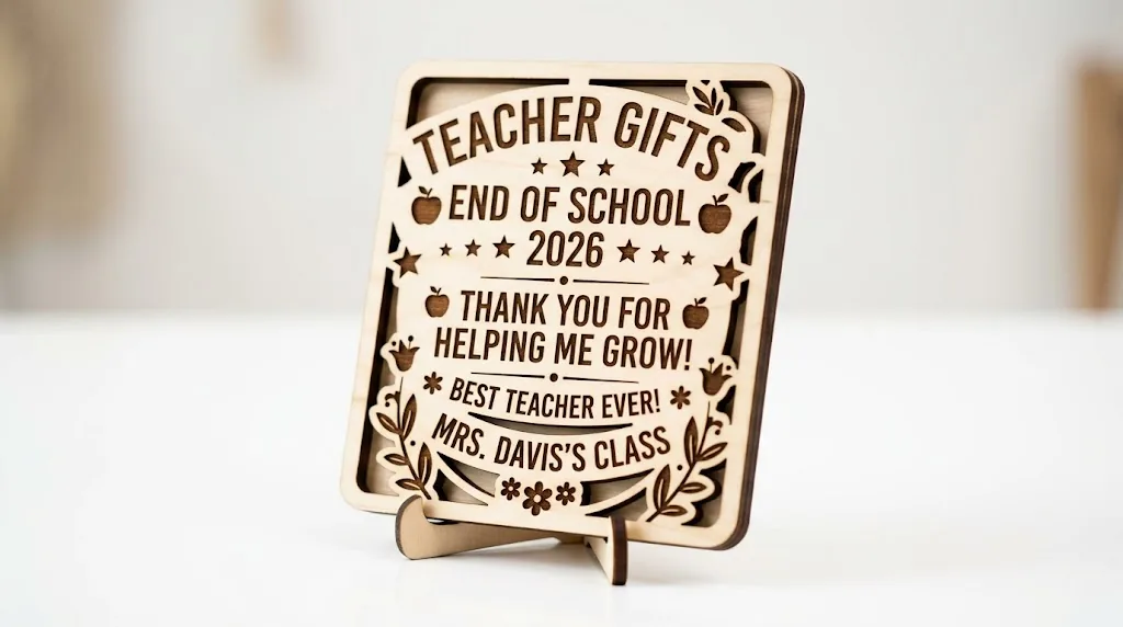 Assorted laser cut teacher gifts (ornaments, bookmarks, gift card holders) made from 3mm basswood arranged on workshop table
