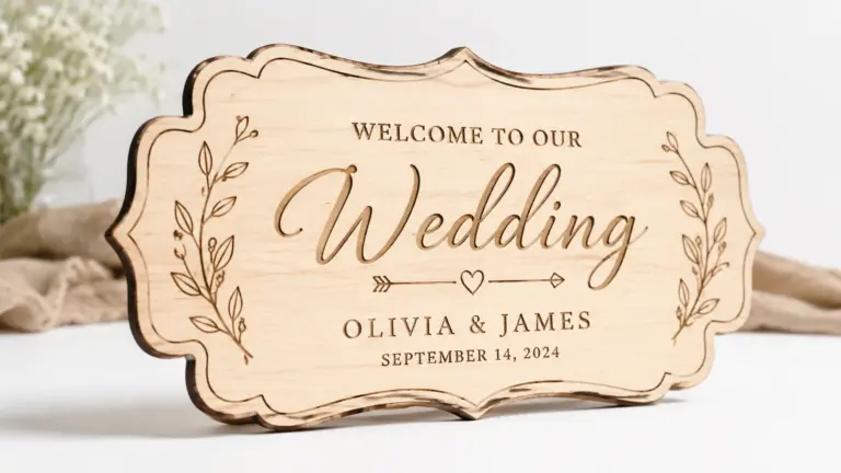 Finished laser-cut wedding signs made from 3mm basswood, displayed on workshop table