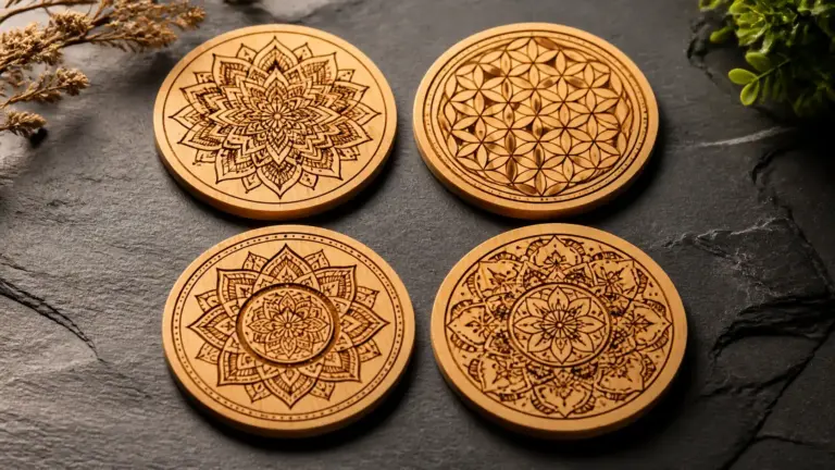 Set of four laser engraved basswood wood coasters with geometric mandala designs on dark stone surface